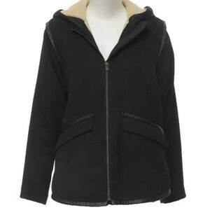 Maje Black Hooded Coat with Lambskin Leather trim, Size 36 (US 4)